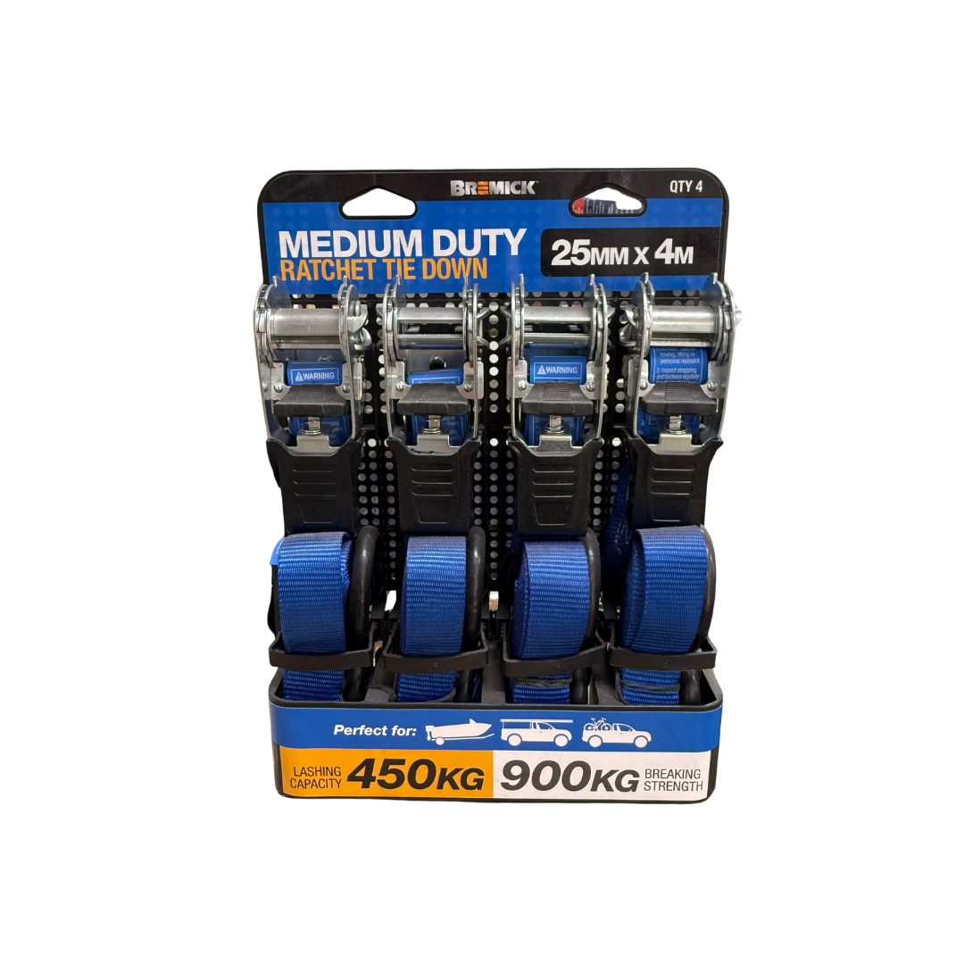 Bremick Ratchet Tie Down Straps Medium Duty 25mm x 4m - 4 Pack TDRPB250404D