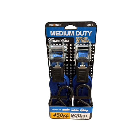 Bremick Ratchet Tie Down Straps Medium Duty 25mm x 6m - 2 Pack TDRPB250602D